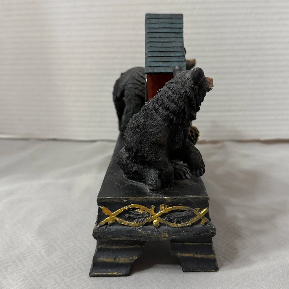 Vintage Rustic Woodlands Black Bear Mantel Clock Resin Leaf Pine Cone Accent